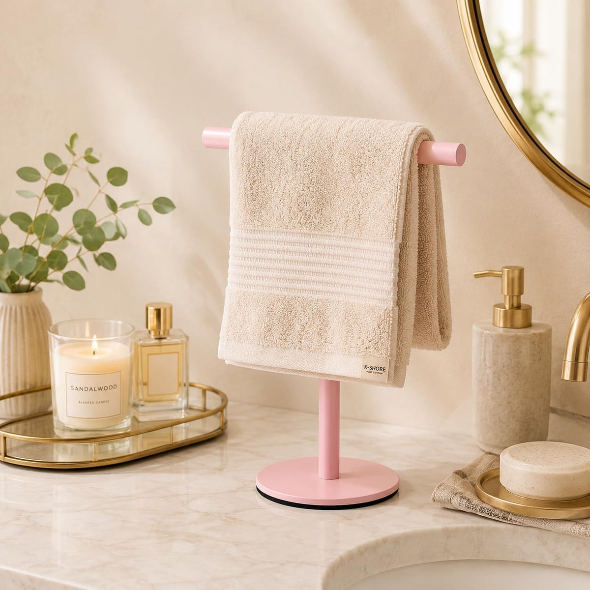 Pink Bathroom Hand Towel Holder Stand，T-Shape Hand Towel Holder Stand SUS304 Stainless Steel for Bathroom，Kitchen or Vanity Countertop