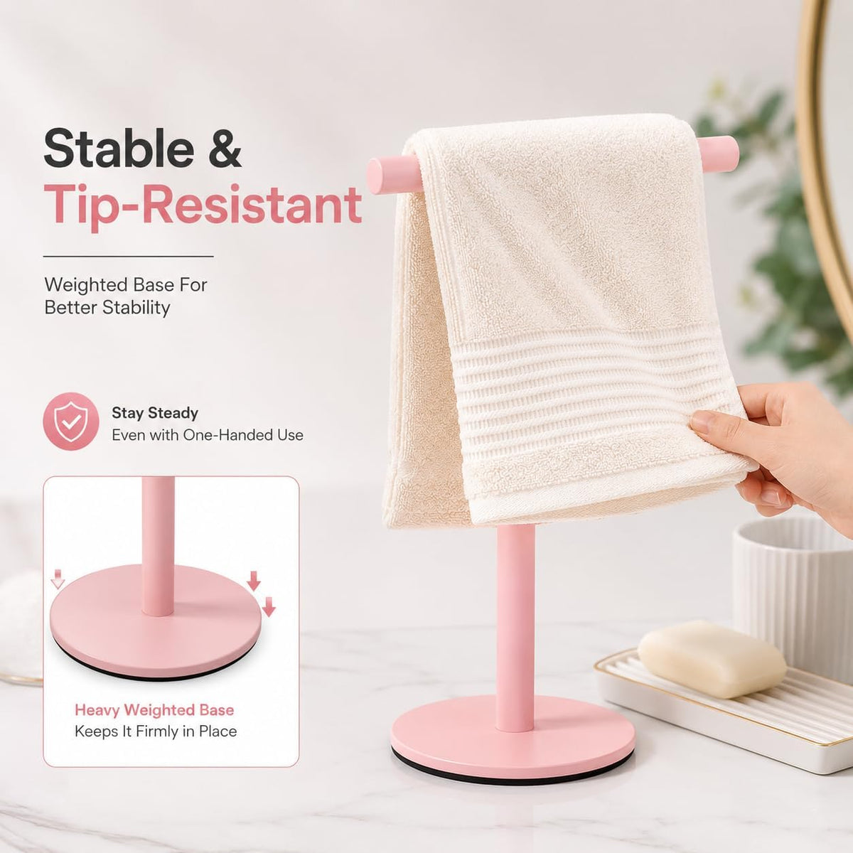 Pink Bathroom Hand Towel Holder Stand，T-Shape Hand Towel Holder Stand SUS304 Stainless Steel for Bathroom，Kitchen or Vanity Countertop