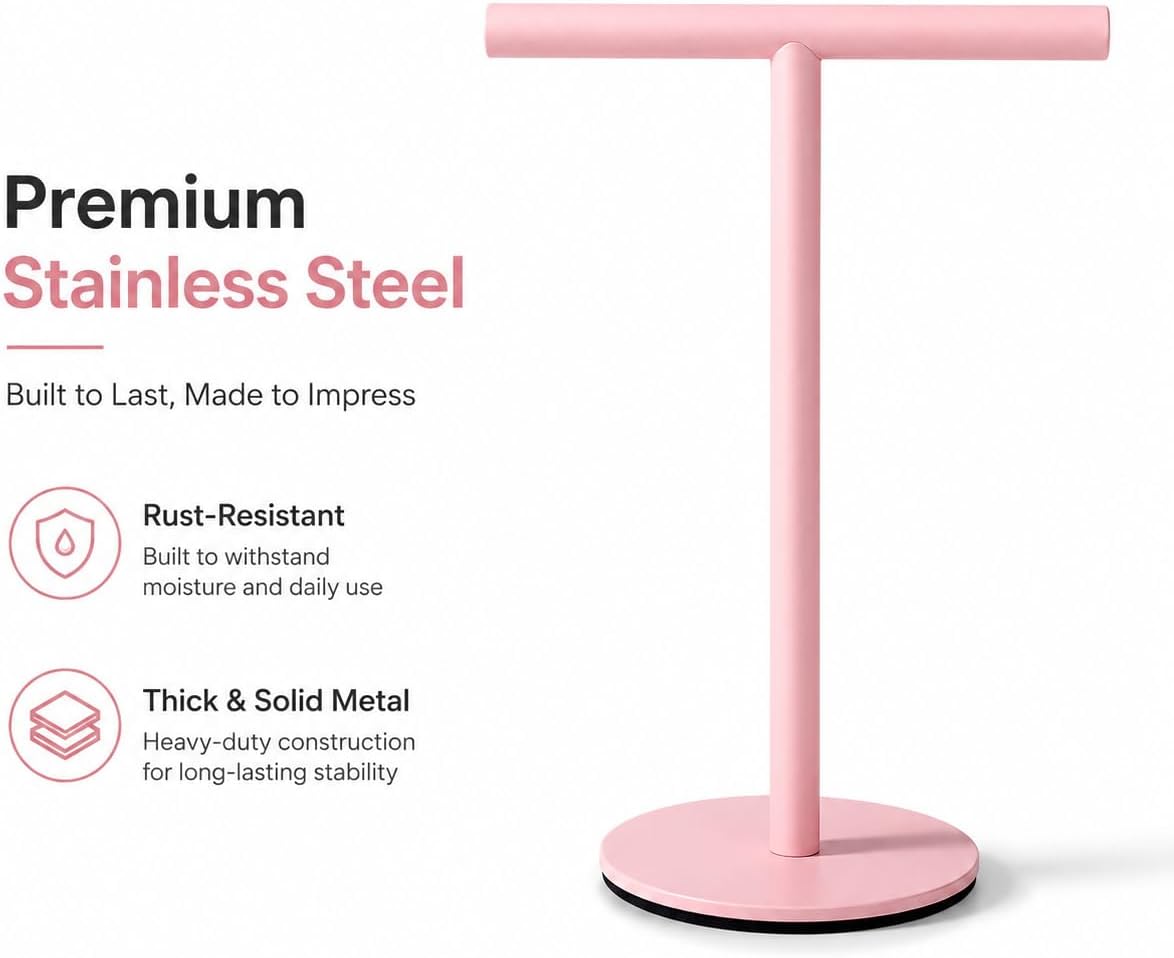 Pink Bathroom Hand Towel Holder Stand，T-Shape Hand Towel Holder Stand SUS304 Stainless Steel for Bathroom，Kitchen or Vanity Countertop