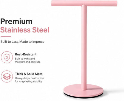 Pink Bathroom Hand Towel Holder Stand，T-Shape Hand Towel Holder Stand SUS304 Stainless Steel for Bathroom，Kitchen or Vanity Countertop