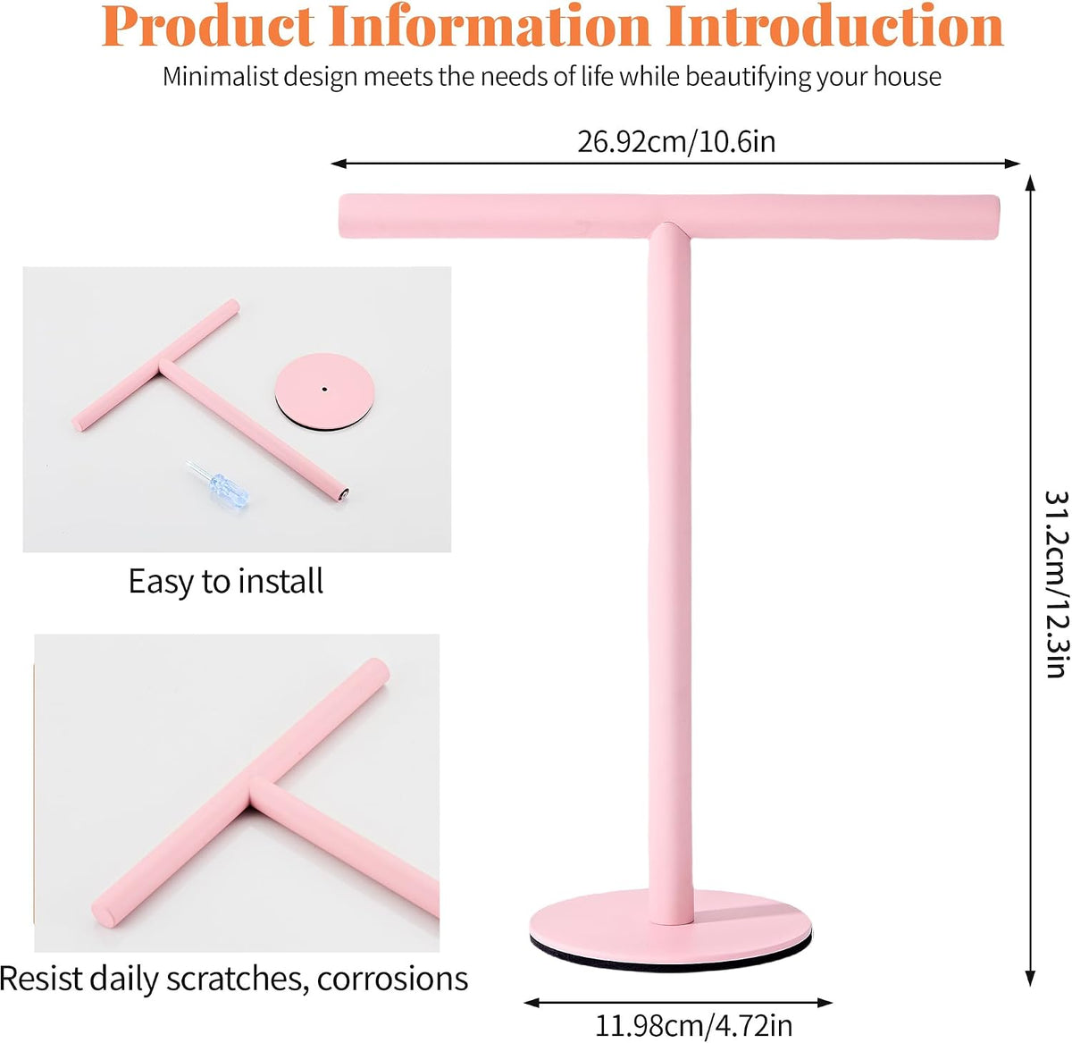 Pink Bathroom Hand Towel Holder Stand，T-Shape Hand Towel Holder Stand SUS304 Stainless Steel for Bathroom，Kitchen or Vanity Countertop