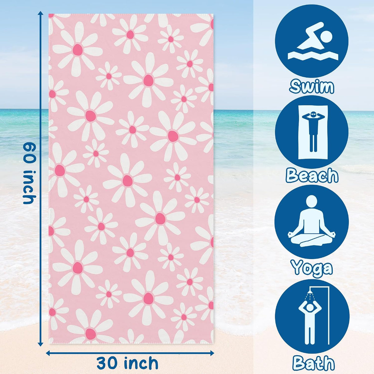 Pink Daisy Floral Beach Towel 60x30 Inches, Daisy Flower Swim Pool Bath Towels for Women Girls Bathroom Swimming Pool Travel Camping, Flower Oversized Beach Towels