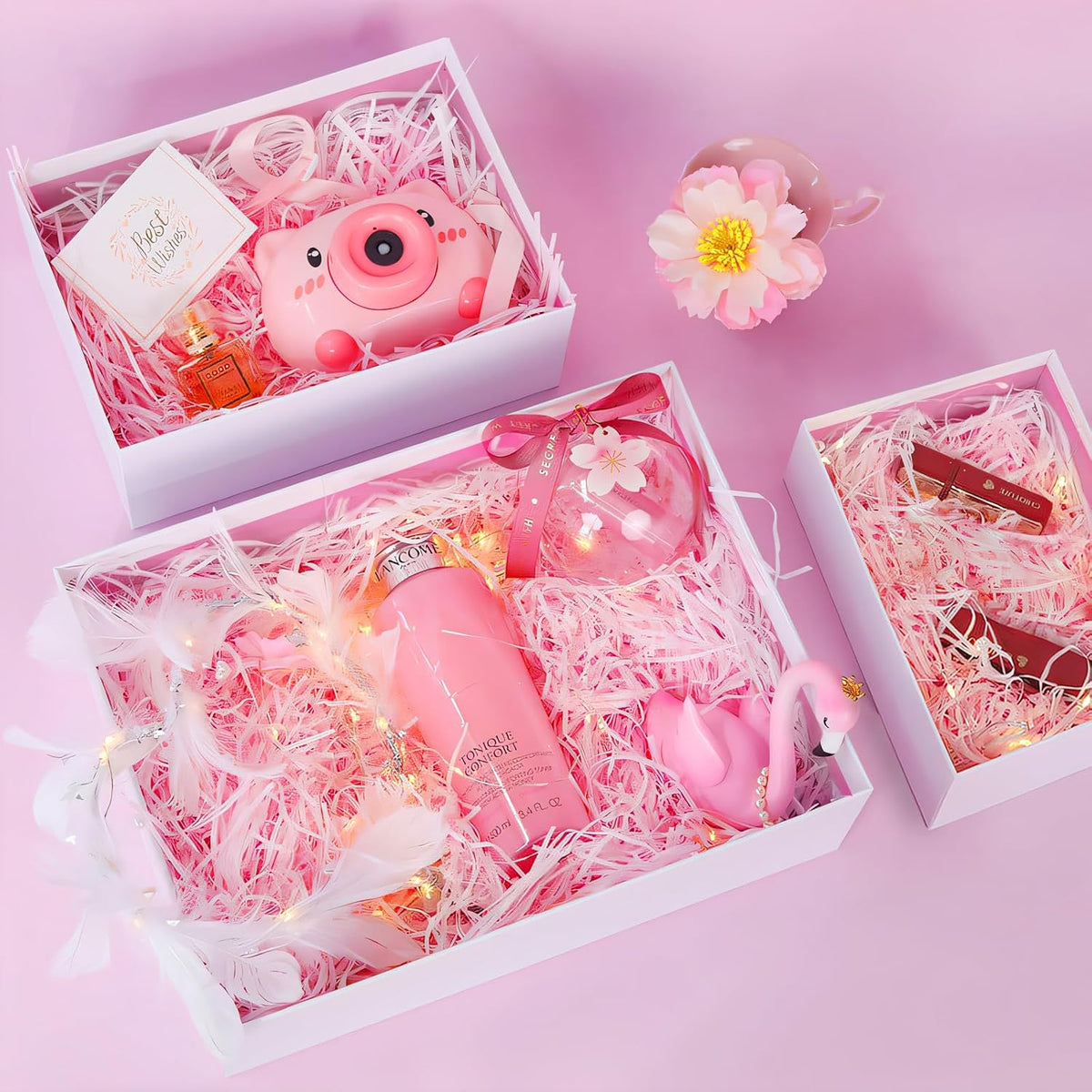 Gift Boxes With Lids For Presents, Set Of 3 Pink Gift Wrap Boxes With Ribbon, Assorted Boxes For Presents, Sturdy & Pre-Wrapped Gift Box