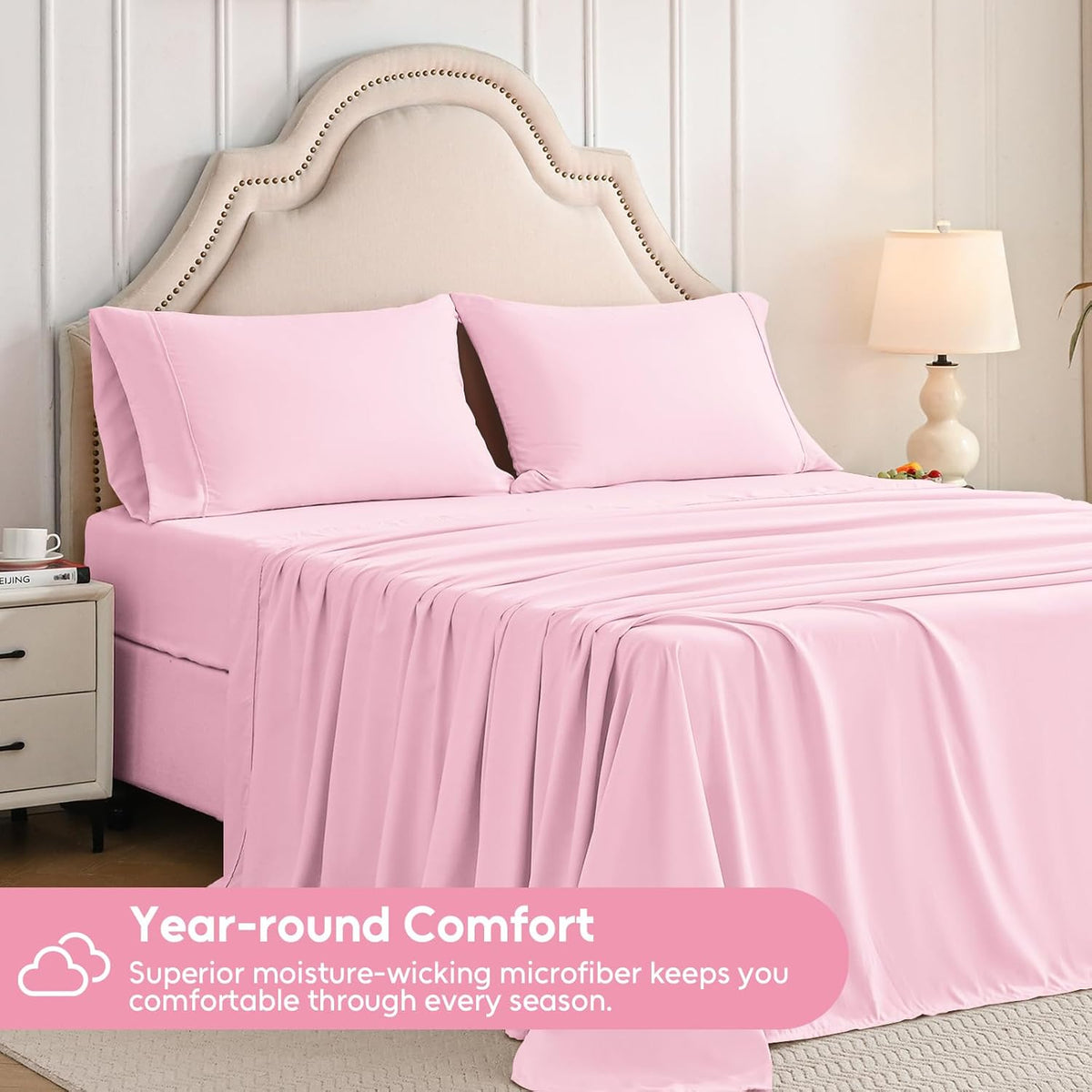 Full Size Bed Sheets Set, 4 Pieces Hotel Luxury Soft Microfiber Bed Sheets Set, Up to 16" Deep Pockets, Oeko-Tex Sheets with Elastic, Breathable, Wrinkle Free (Light Pink, Full)