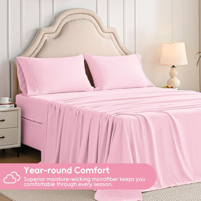 Full Size Bed Sheets Set, 4 Pieces Hotel Luxury Soft Microfiber Bed Sheets Set, Up to 16" Deep Pockets, Oeko-Tex Sheets with Elastic, Breathable, Wrinkle Free (Light Pink, Full)