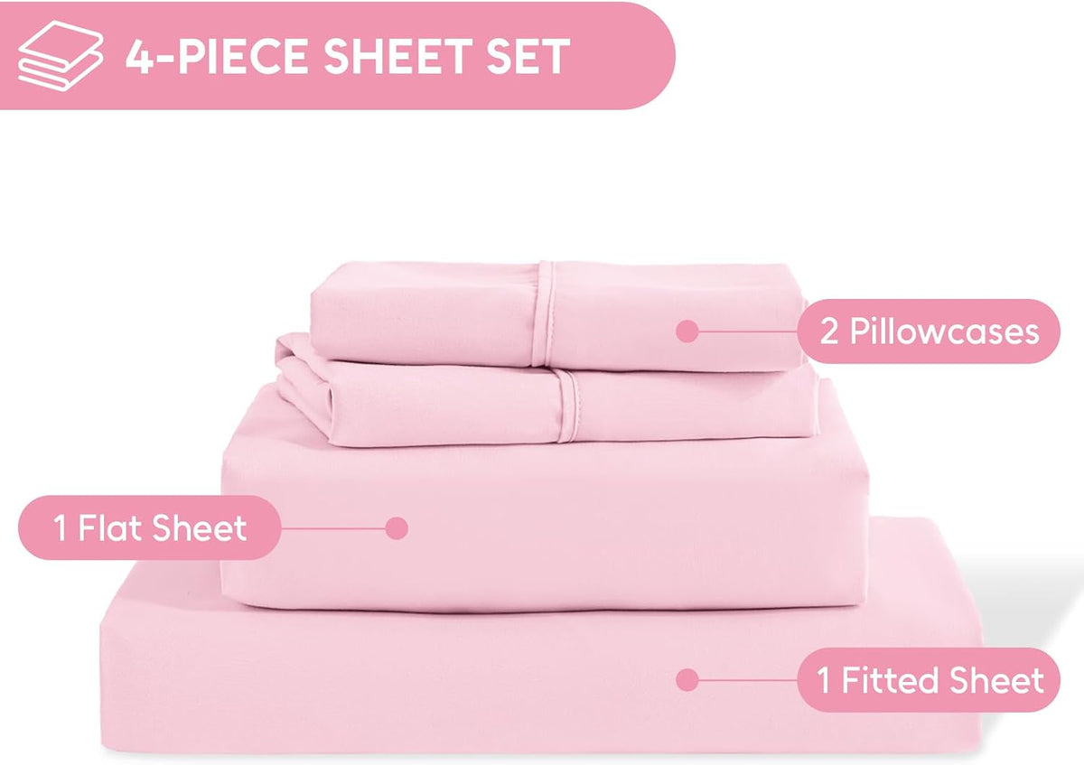 Full Size Bed Sheets Set, 4 Pieces Hotel Luxury Soft Microfiber Bed Sheets Set, Up to 16" Deep Pockets, Oeko-Tex Sheets with Elastic, Breathable, Wrinkle Free (Light Pink, Full)