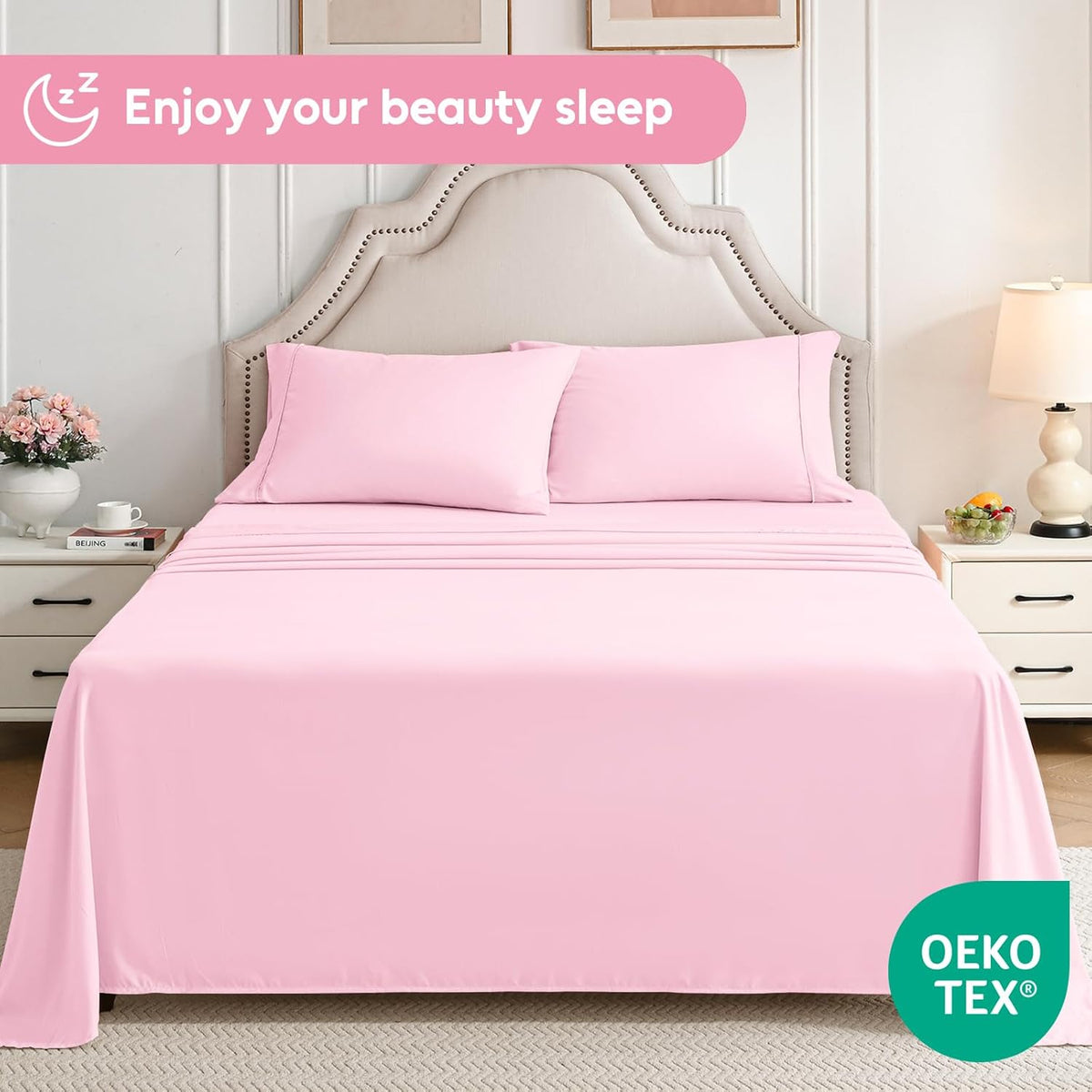 Full Size Bed Sheets Set, 4 Pieces Hotel Luxury Soft Microfiber Bed Sheets Set, Up to 16" Deep Pockets, Oeko-Tex Sheets with Elastic, Breathable, Wrinkle Free (Light Pink, Full)