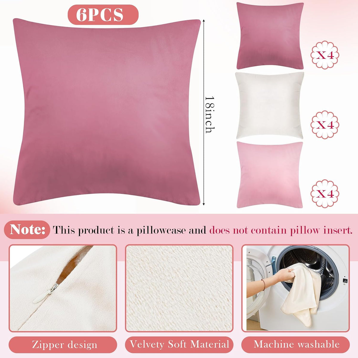 6 Pcs Pink Velvet Throw Pillow Cover 18x18 Picnic Cushion Case