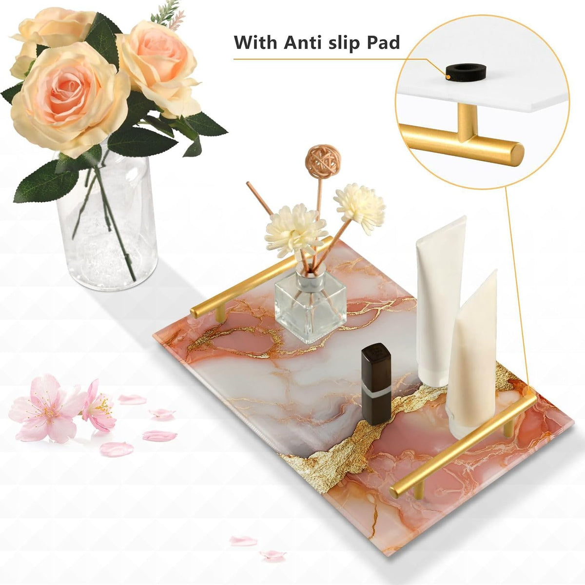 Marble Peach White Decorative Trays with Handles with Handles Outdoor Serving Tray for Jewelry Perfume for Decorative Food bandejas para servir con asas
