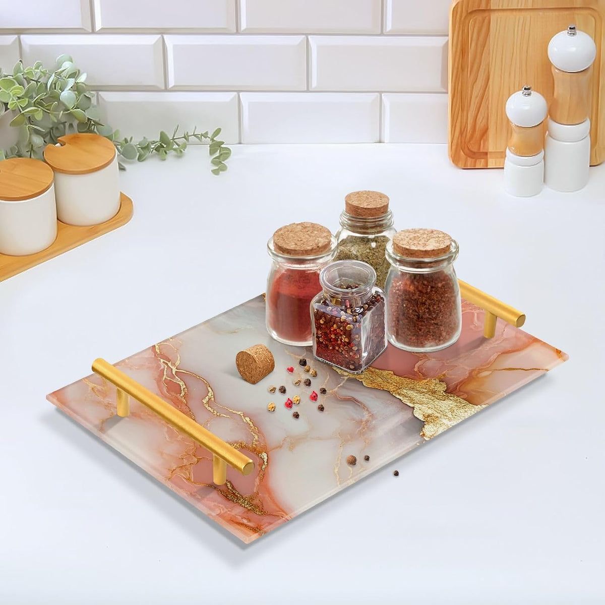 Marble Peach White Decorative Trays with Handles with Handles Outdoor Serving Tray for Jewelry Perfume for Decorative Food bandejas para servir con asas
