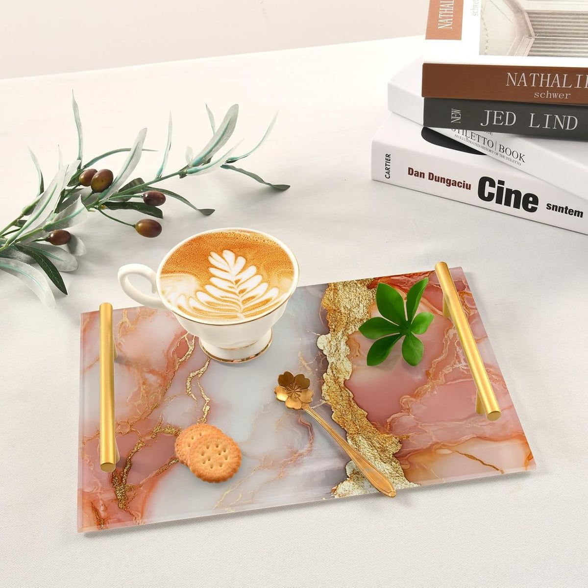 Marble Peach White Decorative Trays with Handles with Handles Outdoor Serving Tray for Jewelry Perfume for Decorative Food bandejas para servir con asas