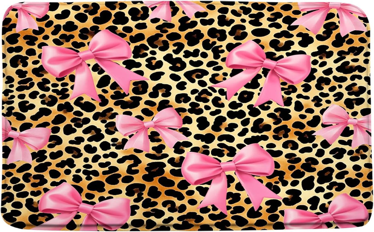 Pink Bow Leopard Print Bath Mat Retro Bowknot Brown Cheetah Fashion Pretty Sweet Modern Aesthetic Decor Bathroom Curtains Set with Hooks