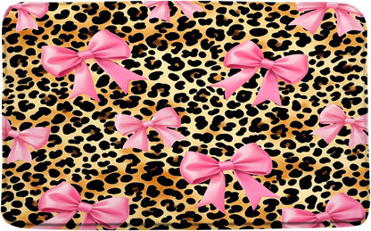 Pink Bow Leopard Print Bath Mat Retro Bowknot Brown Cheetah Fashion Pretty Sweet Modern Aesthetic Decor Bathroom Curtains Set with Hooks