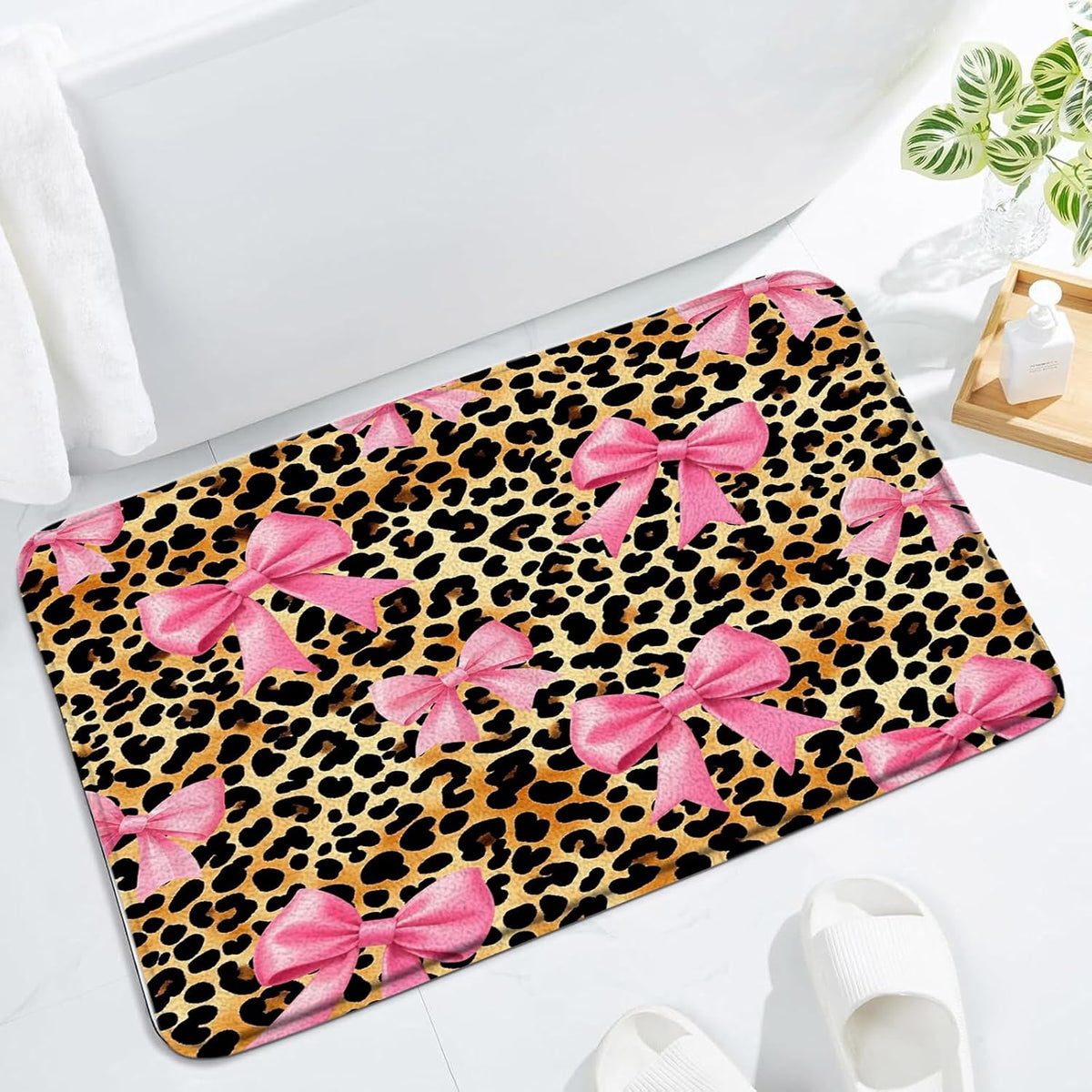 Pink Bow Leopard Print Bath Mat Retro Bowknot Brown Cheetah Fashion Pretty Sweet Modern Aesthetic Decor Bathroom Curtains Set with Hooks