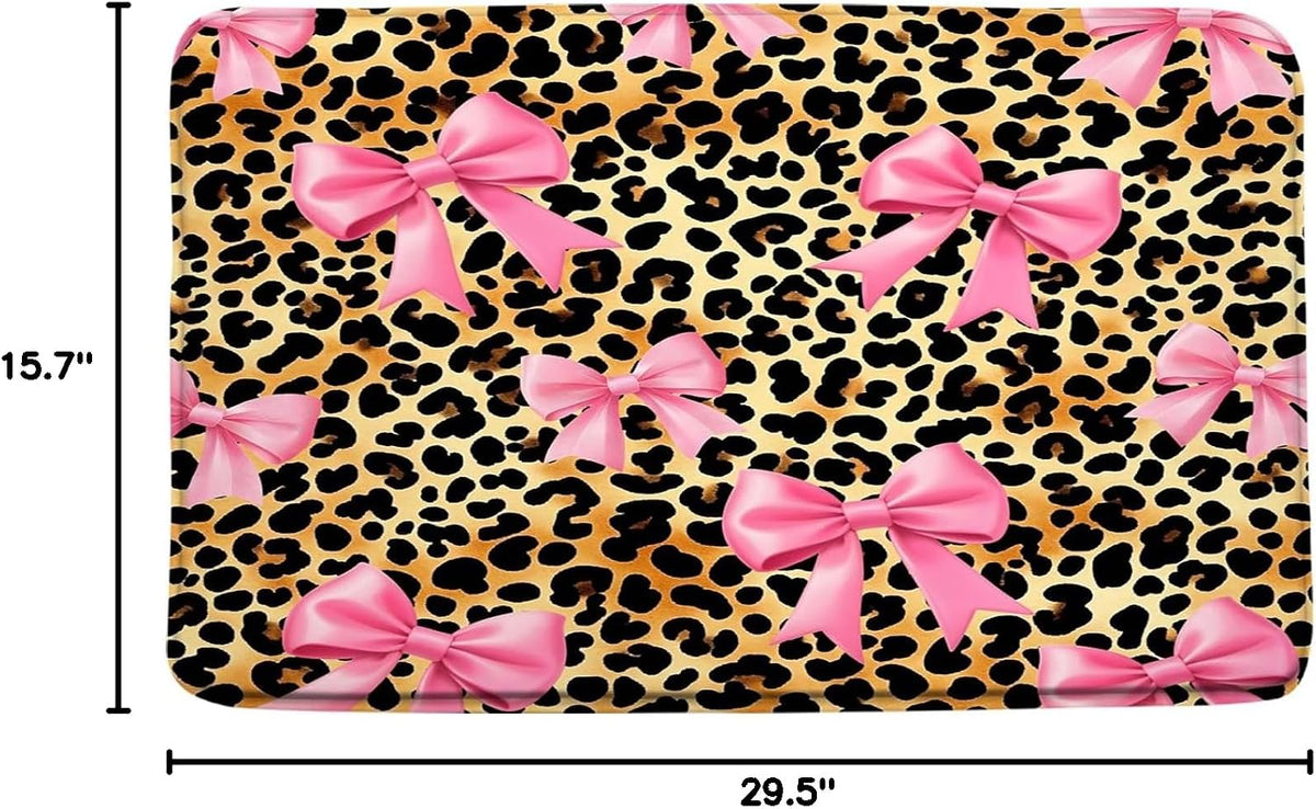 Pink Bow Leopard Print Bath Mat Retro Bowknot Brown Cheetah Fashion Pretty Sweet Modern Aesthetic Decor Bathroom Curtains Set with Hooks