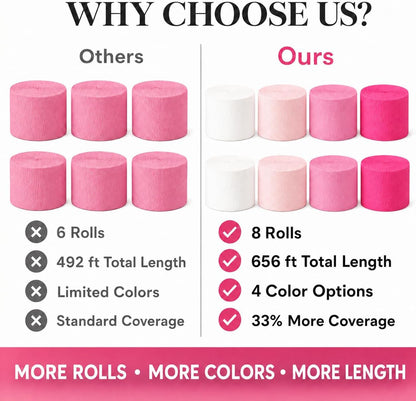 8 Pink Streamers, 656ft Pack of Crepe Paper Bachelorette Party Decorations
