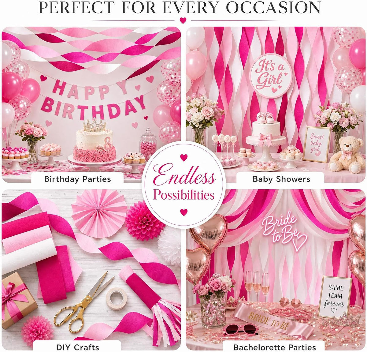 8 Pink Streamers, 656ft Pack of Crepe Paper Bachelorette Party Decorations
