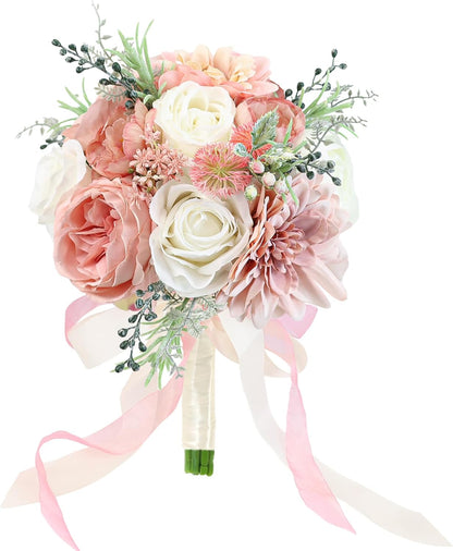 Wedding Bouquets for Bride Bridesmaid 8.5 Inch Dusty Pink Artificial Roses Flowers Bridal Bouquets for Bride Wedding Marriage Proposal Party Church Decoration