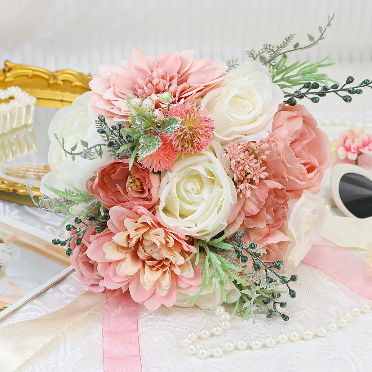 Wedding Bouquets for Bride Bridesmaid 8.5 Inch Dusty Pink Artificial Roses Flowers Bridal Bouquets for Bride Wedding Marriage Proposal Party Church Decoration