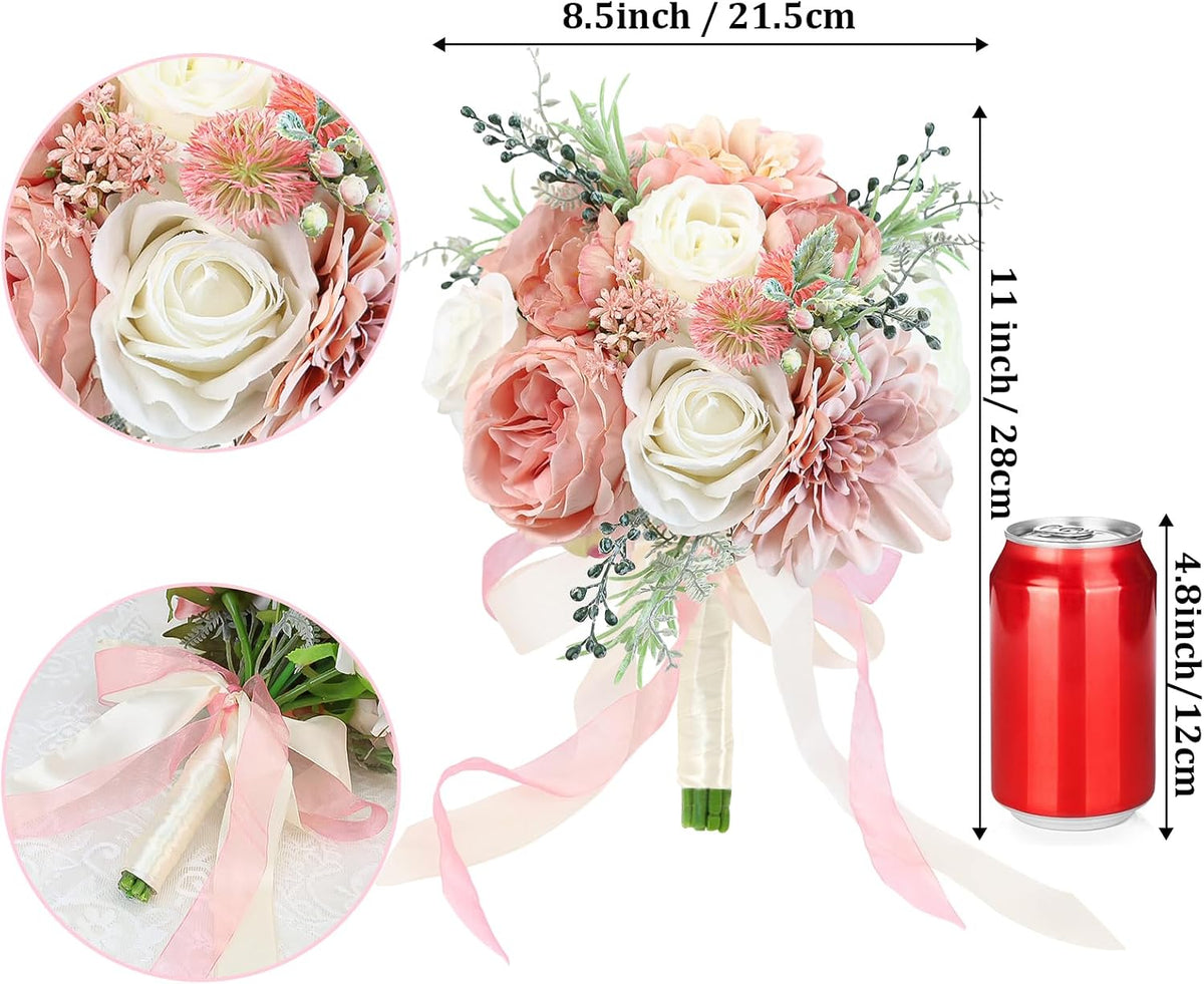 Wedding Bouquets for Bride Bridesmaid 8.5 Inch Dusty Pink Artificial Roses Flowers Bridal Bouquets for Bride Wedding Marriage Proposal Party Church Decoration