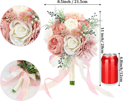 Wedding Bouquets for Bride Bridesmaid 8.5 Inch Dusty Pink Artificial Roses Flowers Bridal Bouquets for Bride Wedding Marriage Proposal Party Church Decoration