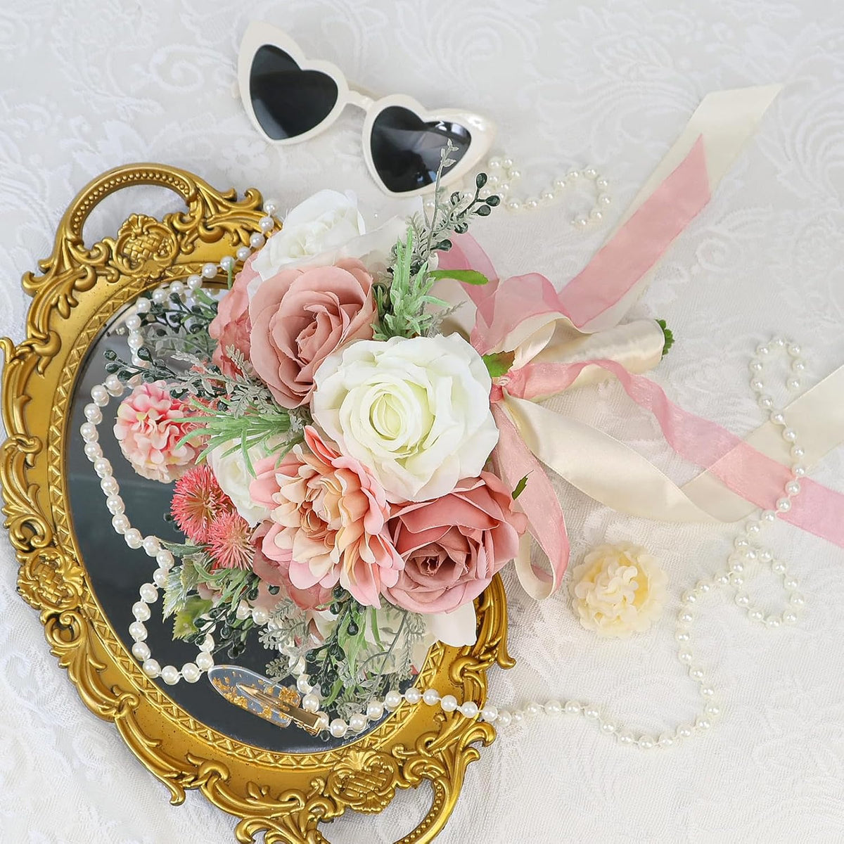 Wedding Bouquets for Bride Bridesmaid 8.5 Inch Dusty Pink Artificial Roses Flowers Bridal Bouquets for Bride Wedding Marriage Proposal Party Church Decoration