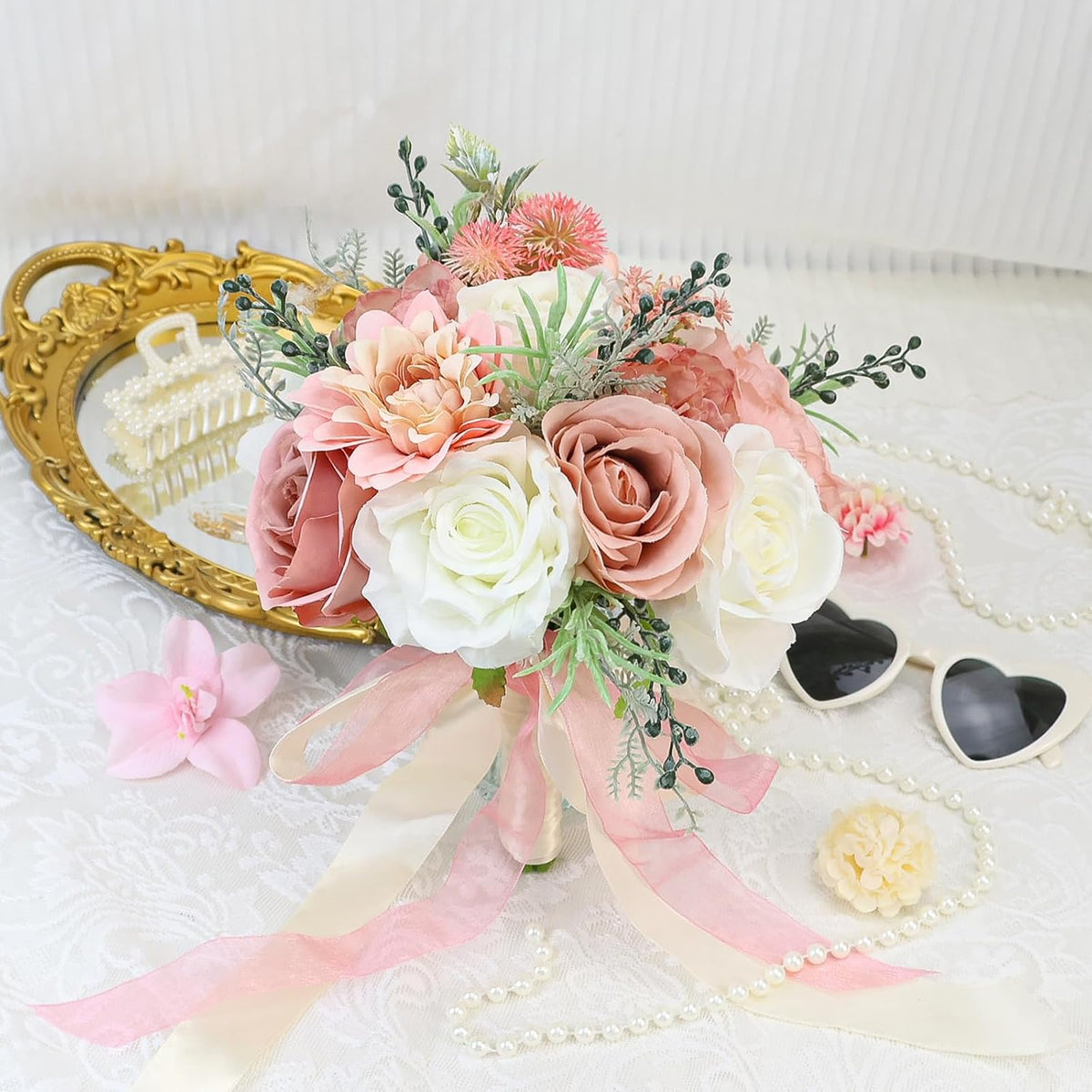Wedding Bouquets for Bride Bridesmaid 8.5 Inch Dusty Pink Artificial Roses Flowers Bridal Bouquets for Bride Wedding Marriage Proposal Party Church Decoration