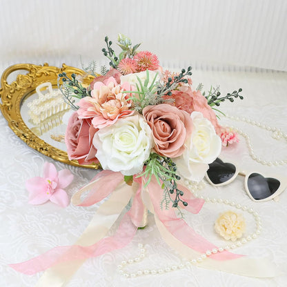 Wedding Bouquets for Bride Bridesmaid 8.5 Inch Dusty Pink Artificial Roses Flowers Bridal Bouquets for Bride Wedding Marriage Proposal Party Church Decoration