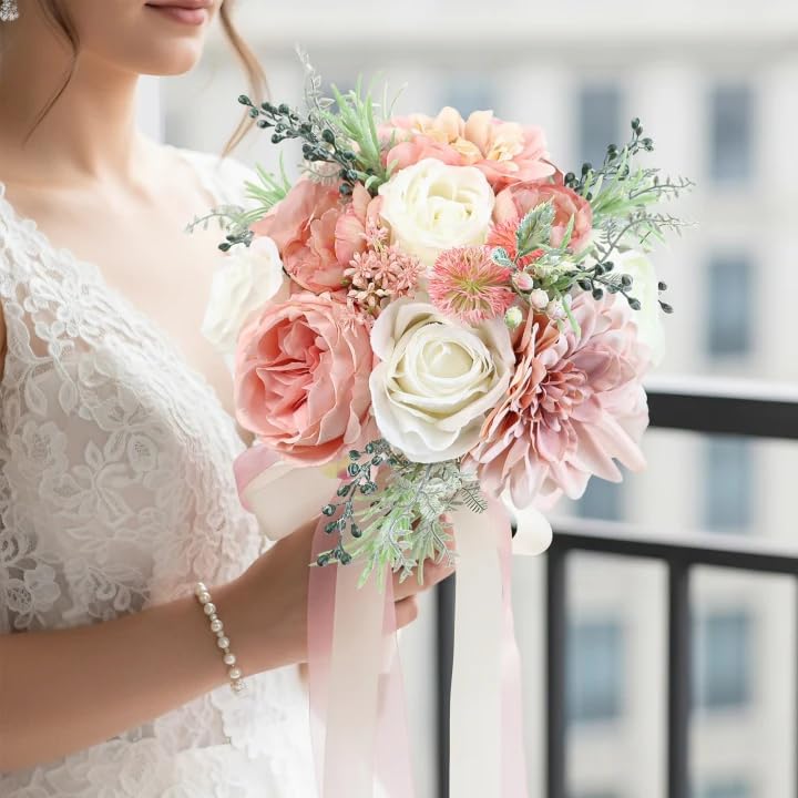 Wedding Bouquets for Bride Bridesmaid 8.5 Inch Dusty Pink Artificial Roses Flowers Bridal Bouquets for Bride Wedding Marriage Proposal Party Church Decoration
