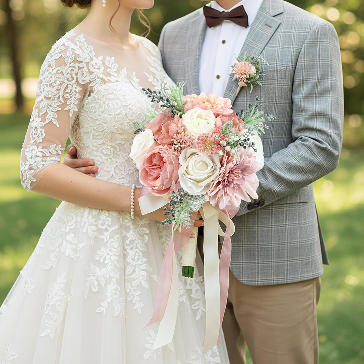Wedding Bouquets for Bride Bridesmaid 8.5 Inch Dusty Pink Artificial Roses Flowers Bridal Bouquets for Bride Wedding Marriage Proposal Party Church Decoration