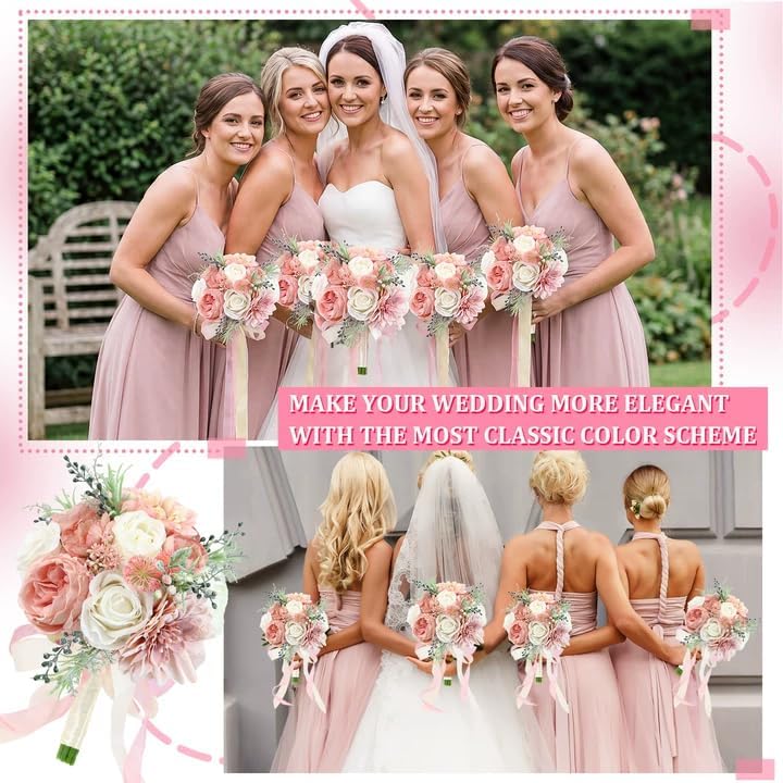 Wedding Bouquets for Bride Bridesmaid 8.5 Inch Dusty Pink Artificial Roses Flowers Bridal Bouquets for Bride Wedding Marriage Proposal Party Church Decoration