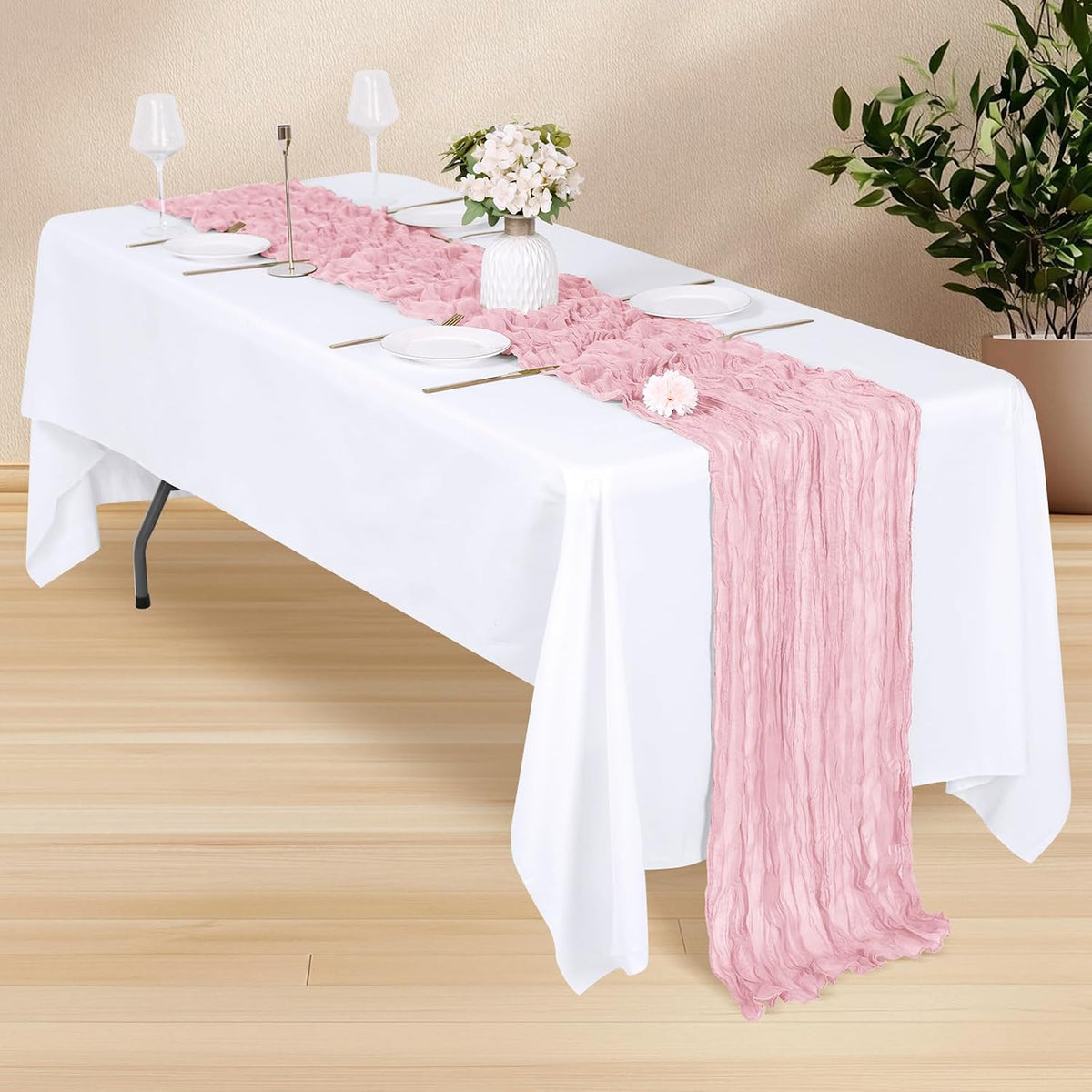 14 Pack Light Pink Cheesecloth Table Runner 17x108 Inch Semi Sheer Boho Gauze Cheese Cloth Fabric Table Runners, for Wedding Party Baby Shower Birthday Home Decor Garden Farmhouse