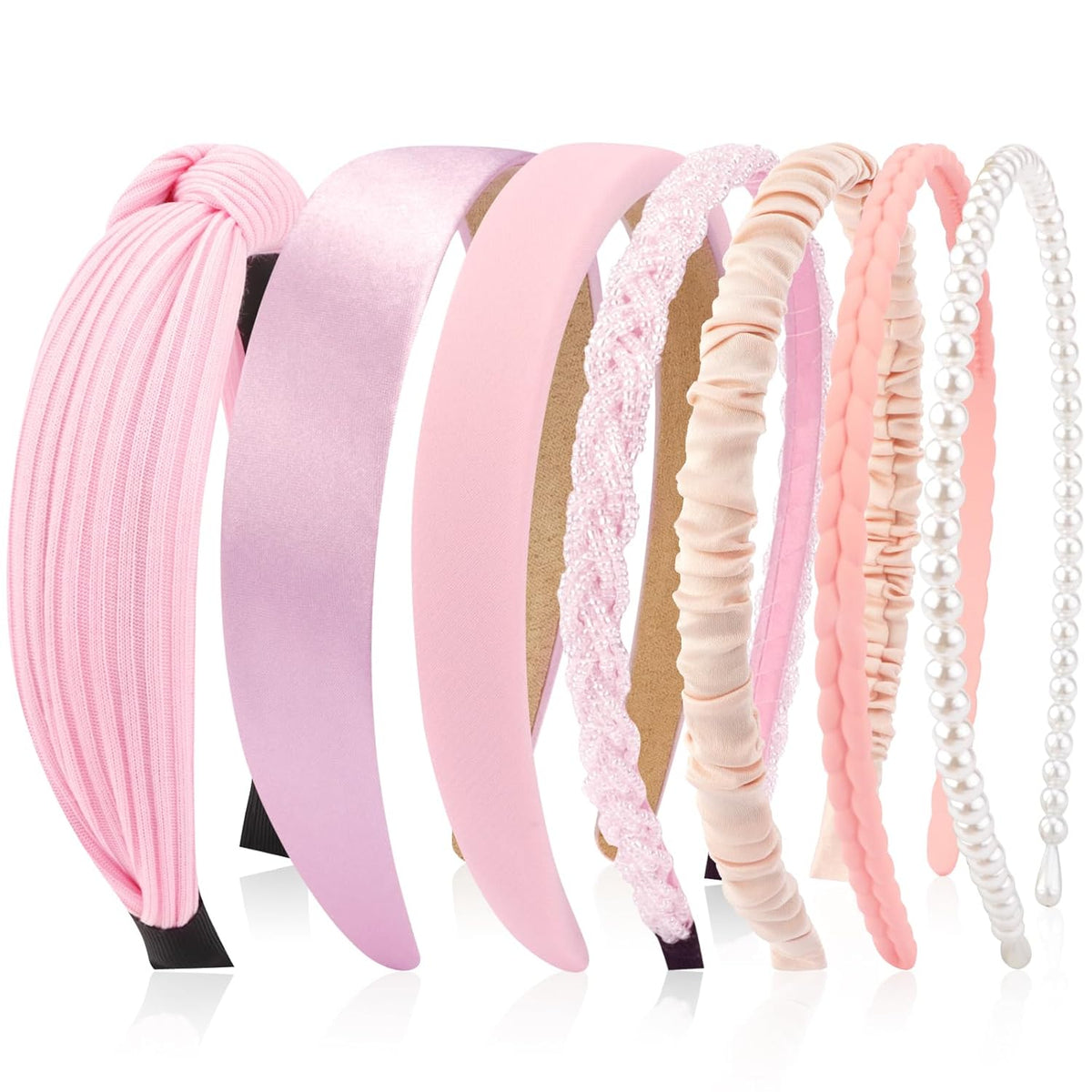 Headbands for Women 7 Pcs Different Pink Fashion Knotted Solid Head Bands Pearl Headband Non Slip Hair Band for Womens Gilrs Thin Thick Short Hair Face Wash Hair Accessories