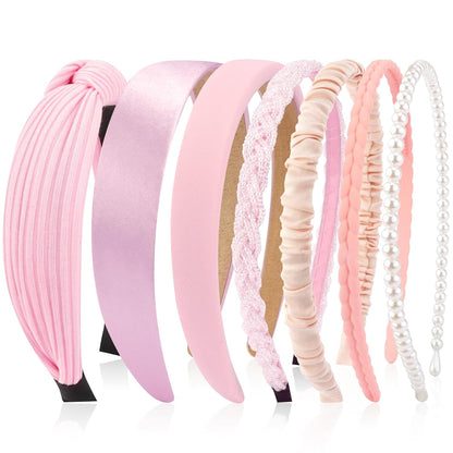 Headbands for Women 7 Pcs Different Pink Fashion Knotted Solid Head Bands Pearl Headband Non Slip Hair Band for Womens Gilrs Thin Thick Short Hair Face Wash Hair Accessories
