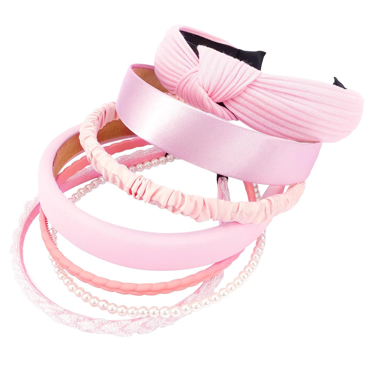Headbands for Women 7 Pcs Different Pink Fashion Knotted Solid Head Bands Pearl Headband Non Slip Hair Band for Womens Gilrs Thin Thick Short Hair Face Wash Hair Accessories