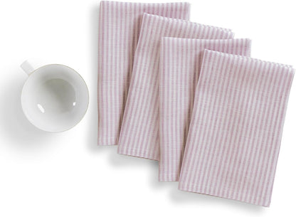 Solino Home 100% Pure Linen Napkins Set of 4 - Narrow Stripe Pink and White Cloth Dinner Napkins 20x20 Inch, Handcrafted Machine Washable - Spring, Summer
