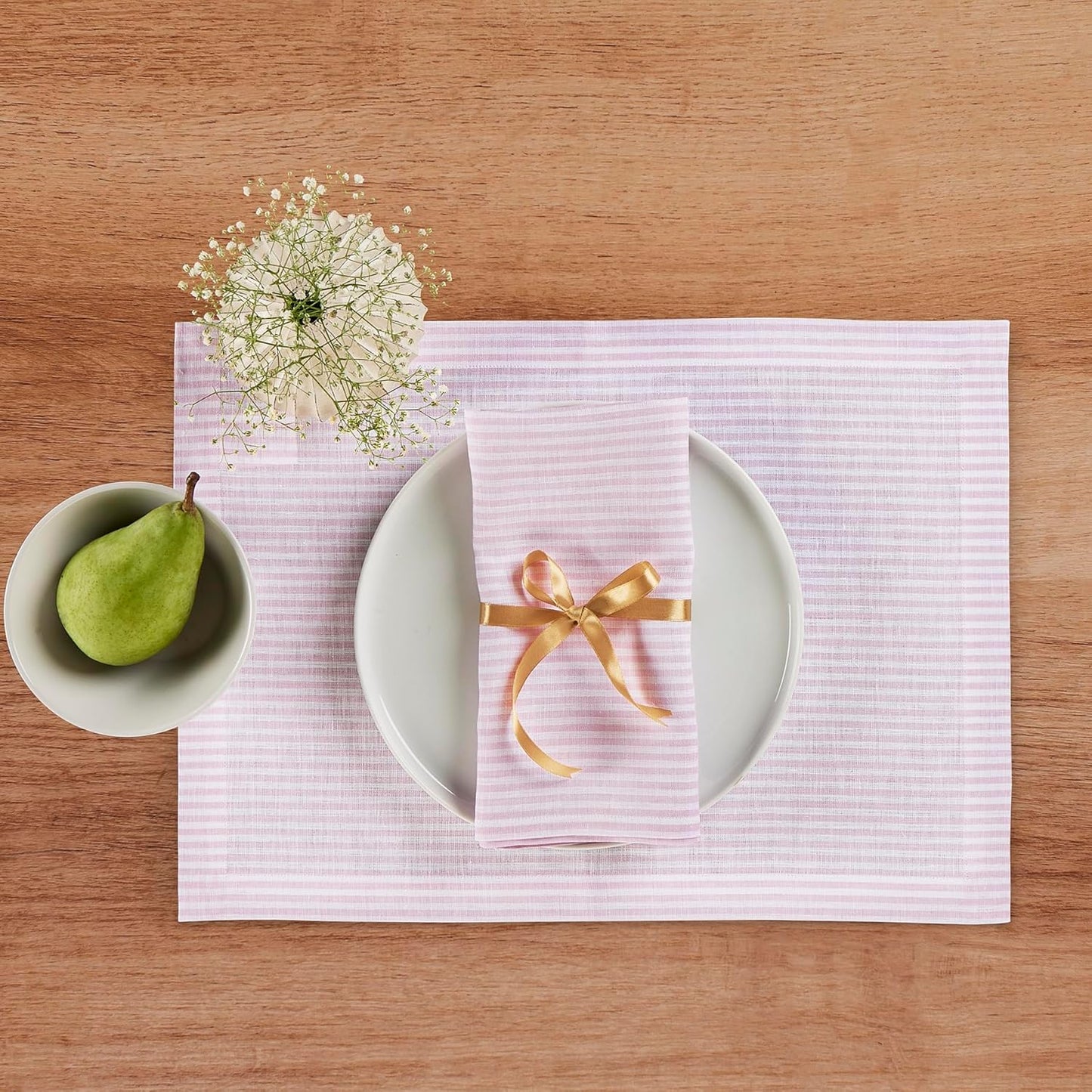Solino Home 100% Pure Linen Napkins Set of 4 - Narrow Stripe Pink and White Cloth Dinner Napkins 20x20 Inch, Handcrafted Machine Washable - Spring, Summer