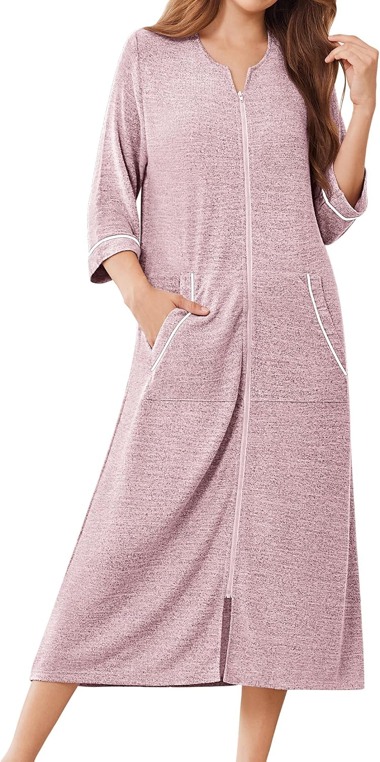 Zipper Robes for Women 3/4 Sleeve Bathrobe Lightweight House Coats