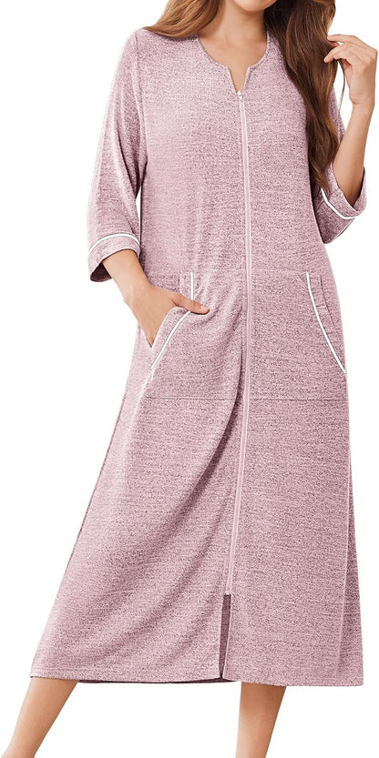 Zipper Robes for Women 3/4 Sleeve Bathrobe Lightweight House Coats