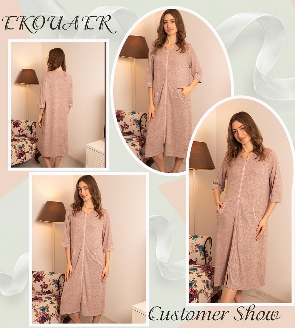 Zipper Robes for Women 3/4 Sleeve Bathrobe Lightweight House Coats