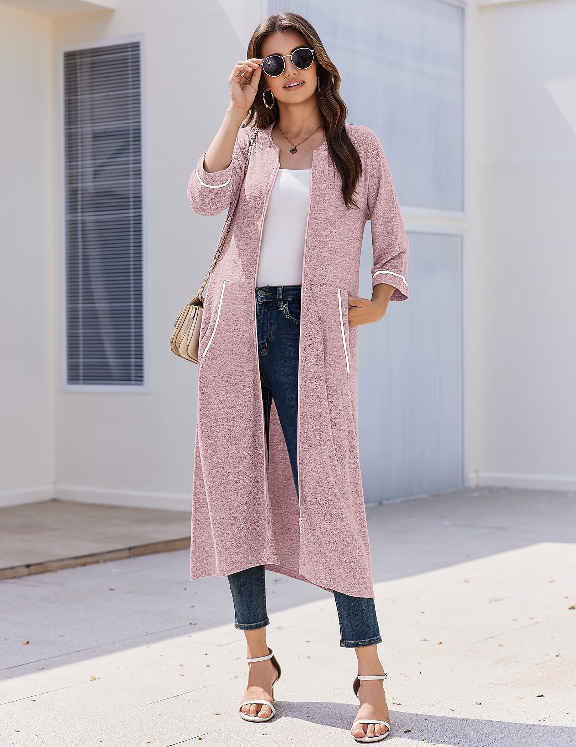 Zipper Robes for Women 3/4 Sleeve Bathrobe Lightweight House Coats