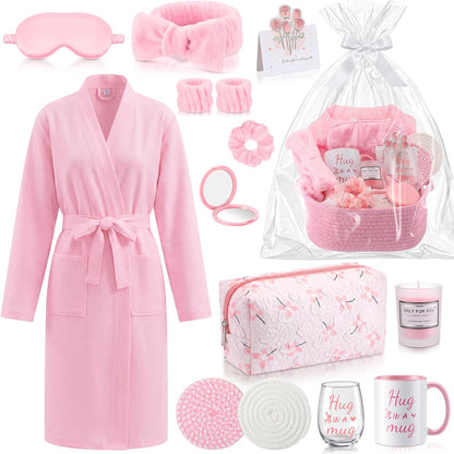 13 Pcs Birthday and Get Well Soon Gifts for Women Self Care Gifts Basket Spa Care Package with Robe Scented Candle for Her Mom Nurse Mother's Day (Pink)