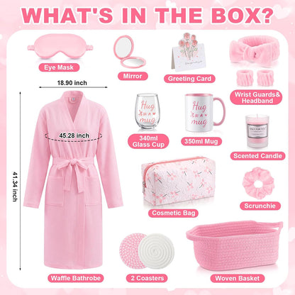 13 Pcs Birthday and Get Well Soon Gifts for Women Self Care Gifts Basket Spa Care Package with Robe Scented Candle for Her Mom Nurse Mother's Day (Pink)
