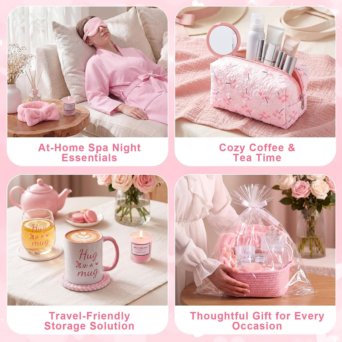 13 Pcs Birthday and Get Well Soon Gifts for Women Self Care Gifts Basket Spa Care Package with Robe Scented Candle for Her Mom Nurse Mother's Day (Pink)