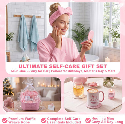 13 Pcs Birthday and Get Well Soon Gifts for Women Self Care Gifts Basket Spa Care Package with Robe Scented Candle for Her Mom Nurse Mother's Day (Pink)
