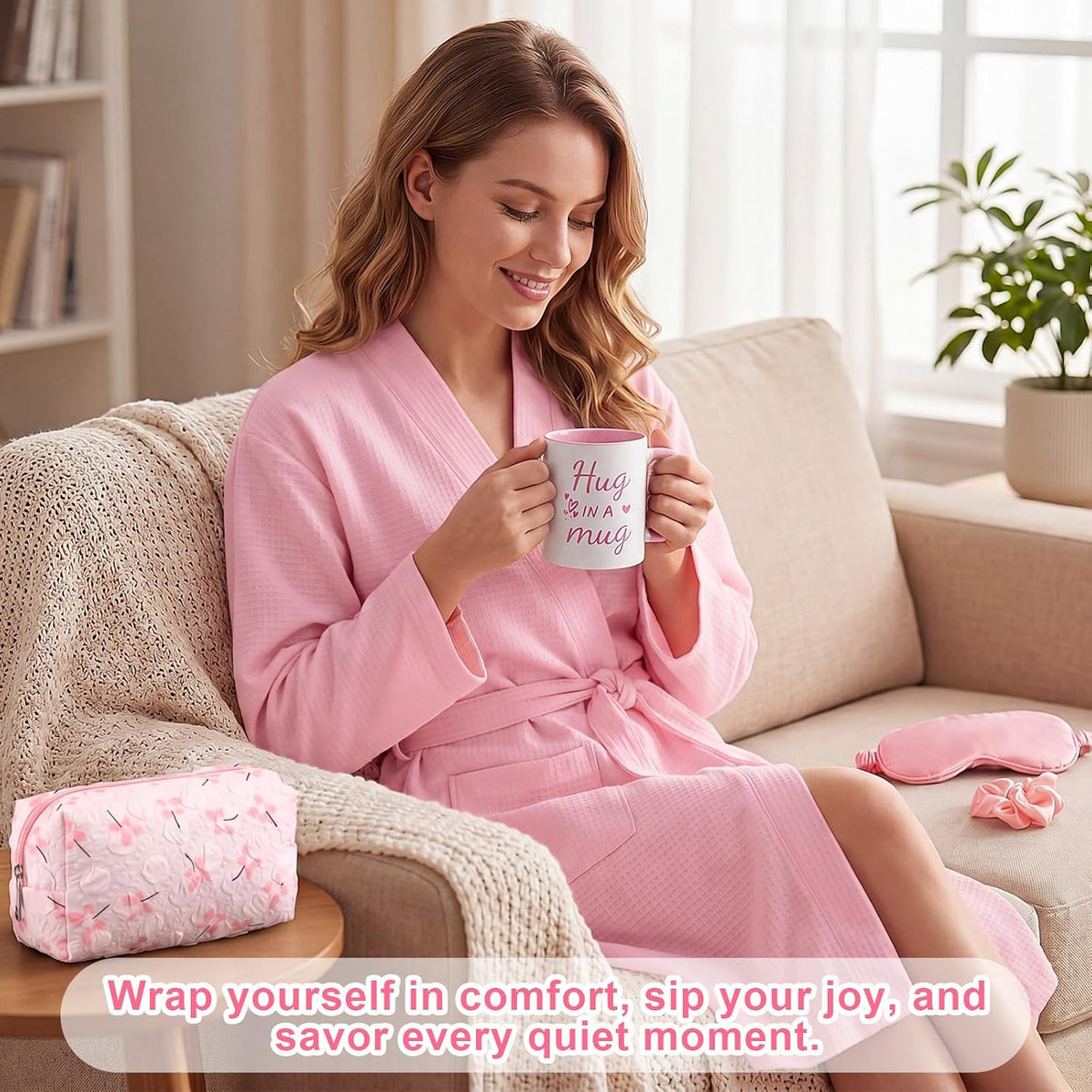 13 Pcs Birthday and Get Well Soon Gifts for Women Self Care Gifts Basket Spa Care Package with Robe Scented Candle for Her Mom Nurse Mother's Day (Pink)