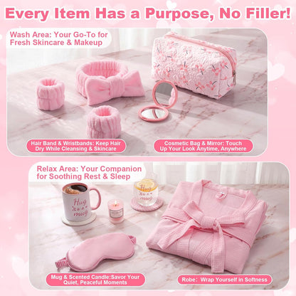 13 Pcs Birthday and Get Well Soon Gifts for Women Self Care Gifts Basket Spa Care Package with Robe Scented Candle for Her Mom Nurse Mother's Day (Pink)