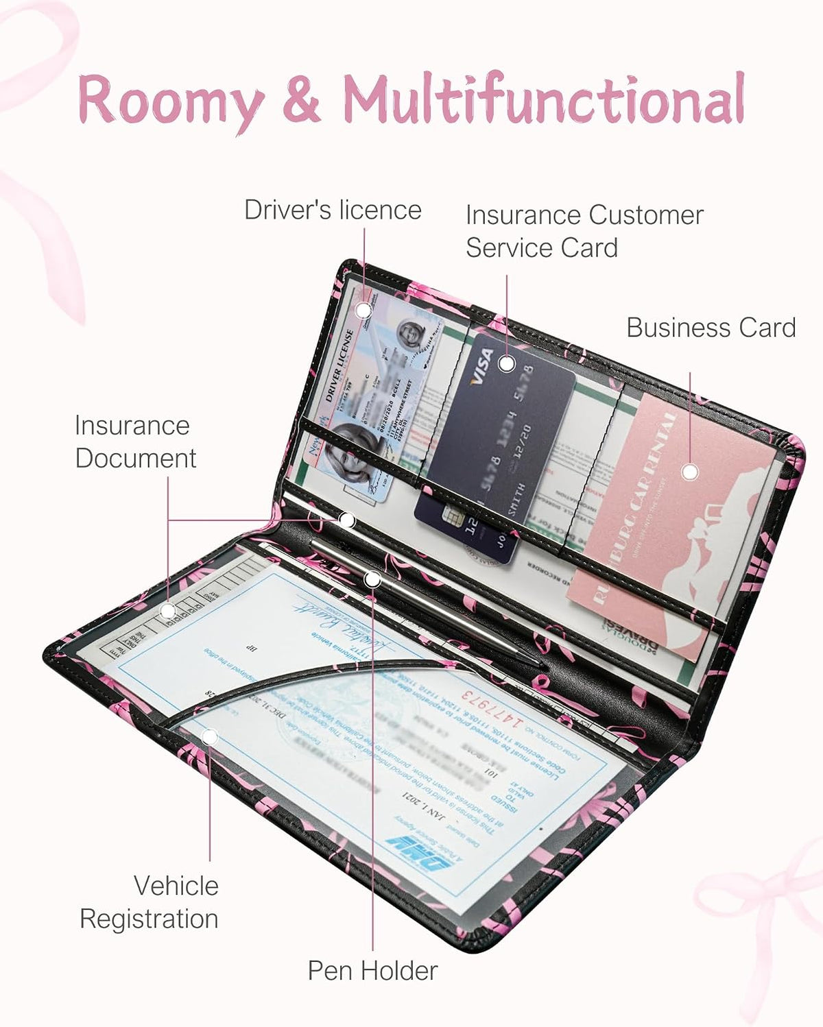 Car Registration and Insurance Holder, Pink Bow