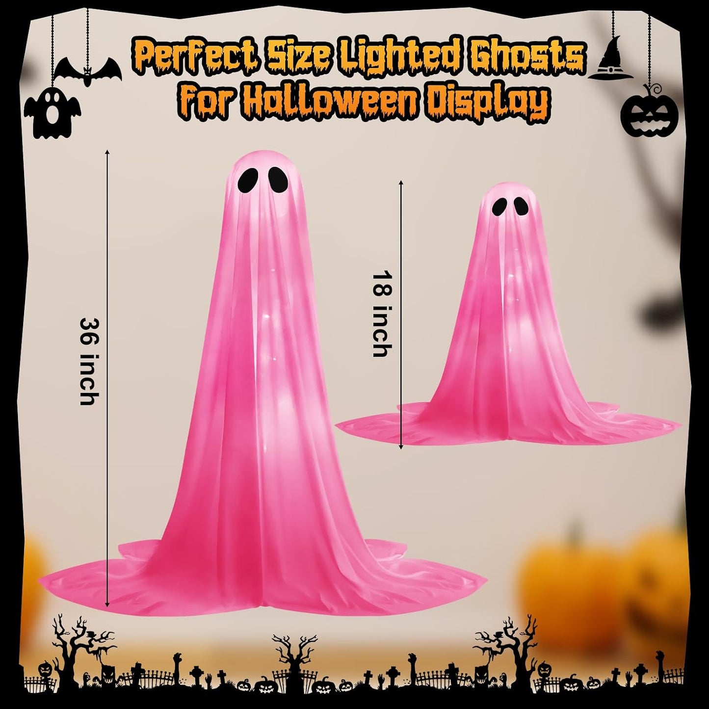 2 Pack Halloween Ghosts Outdoor Pink Spooky Ghost Decorations Outside 36'' & 18'' Tall White Light Timer Function Standing Scary Light Up Ghost Kit for Porch, Courtyard, Party, Haunted Houses (Pink)