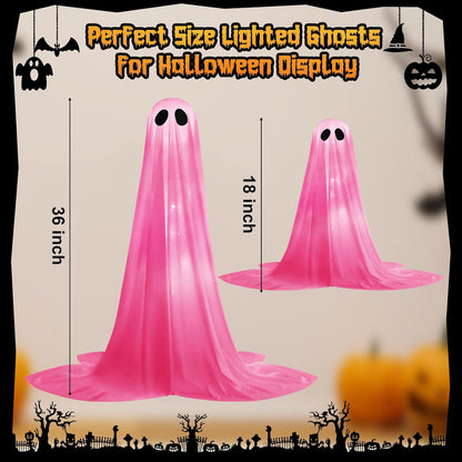 2 Pack Halloween Ghosts Outdoor Pink Spooky Ghost Decorations Outside 36'' & 18'' Tall White Light Timer Function Standing Scary Light Up Ghost Kit for Porch, Courtyard, Party, Haunted Houses (Pink)